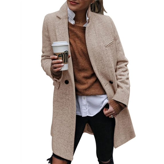 LANGWYQU Fall Winter Femlae Long Sleeved Turn-Down Collar Casual Button Trenchcoat Jacket