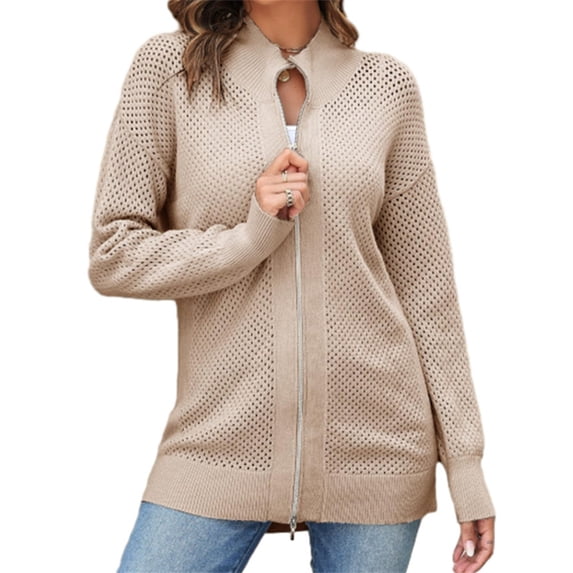 LANGWYQU Long Sleeve Turtle Neck Women Mesh Knit Jacket Zipper Coat