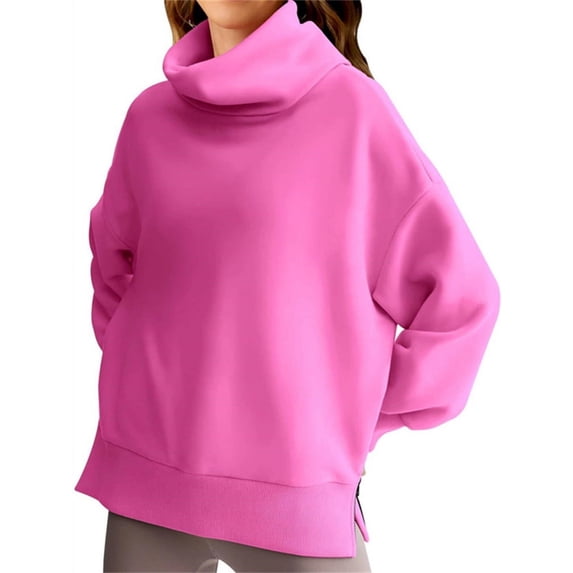 LANGWYQU Long Sleeve Turtle Neckline Women Casual Hoodies Side Zipper Sweatshirt