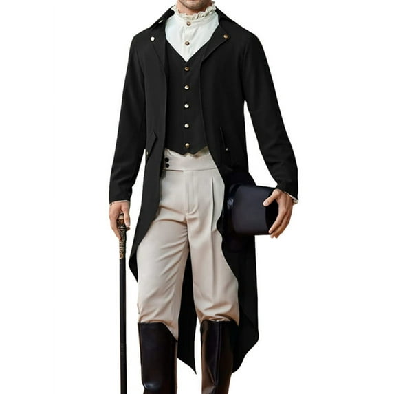 LANGWYQU Long Sleeved Men V-Neck Solid Vintage Costume Jacket Trench Coat