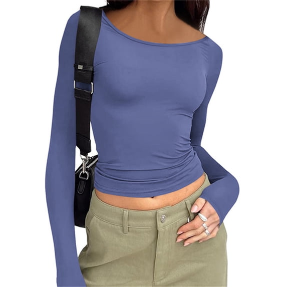 LANGWYQU Long Sleeved Women Slim Fit Backless Shirt Crop Tops