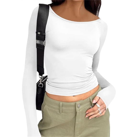 LANGWYQU Long Sleeved Women Slim Fit Backless Shirt Crop Tops