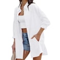 thumbnail image 1 of LANGWYQU Pure Color Long Sleeve Lapel Blouse Women Casual Loose Long Tops, 1 of 5