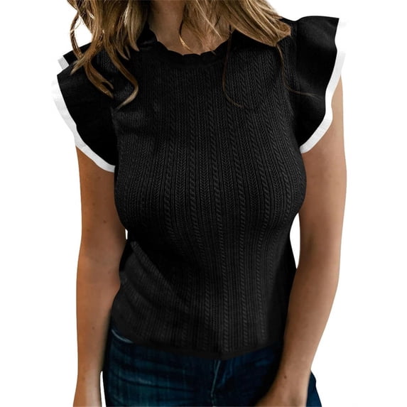 LANGWYQU Ruffle Puff Sleeve Women Slim Fit Casual Knit Tops Tank Tops