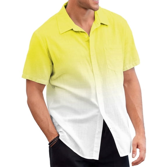 LANGWYQU Short Sleeve Men Gradient Color Patchwork Male Lapel Blouse Shirt