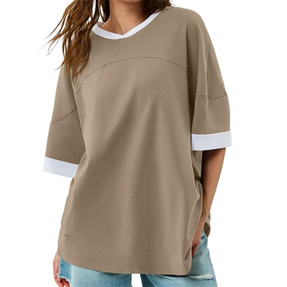 LANGWYQU Short Sleeved Loose Patchwork Women Tunic Shirt Tops