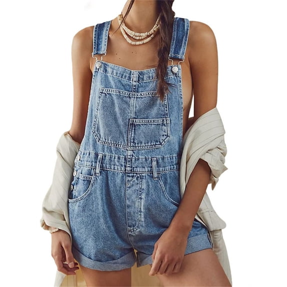 LANGWYQU Sleeveless Women Casual Denim Bib Pants Loose Jeans Overalls
