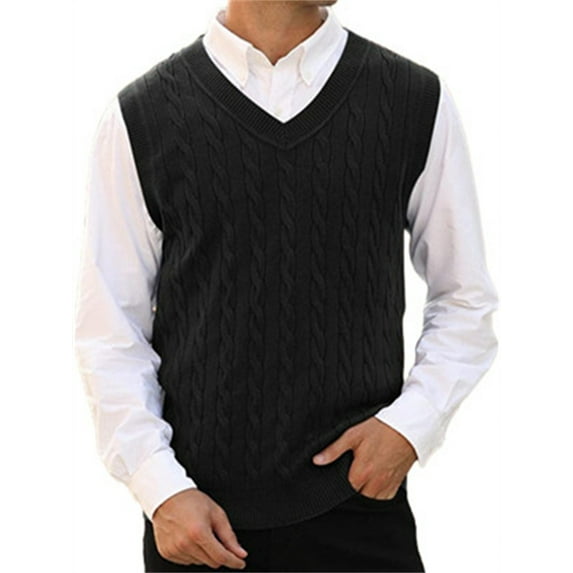 LANGWYQU Spring Fall Men Sleeveless Knit Vest Sweater V-Neck Casual Pullover