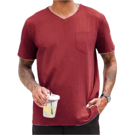 LANGWYQU Summer Short Sleeved Men Solid Color V-Neck Shirt Tops With Pocket