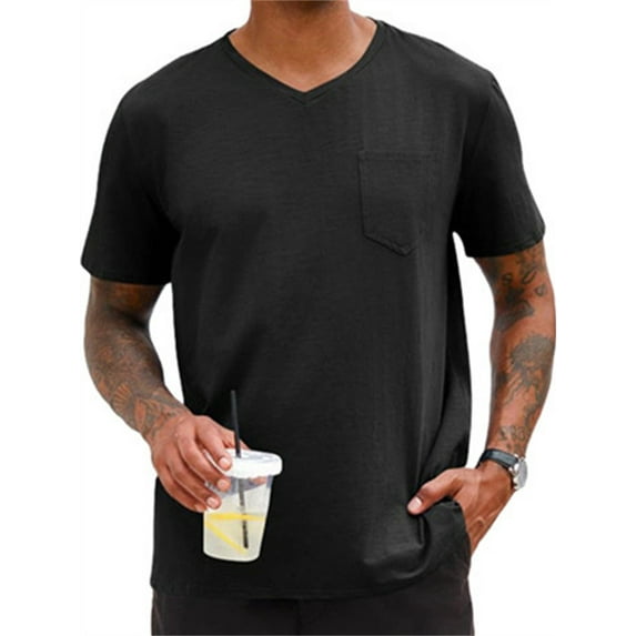 LANGWYQU Summer Short Sleeved Men Solid Color V-Neck Shirt Tops With Pocket