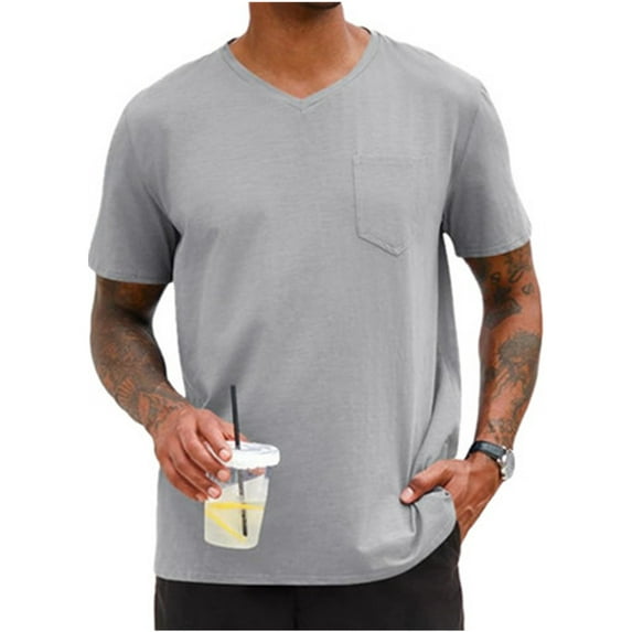 LANGWYQU Summer Short Sleeved Men Solid Color V-Neck Shirt Tops With Pocket