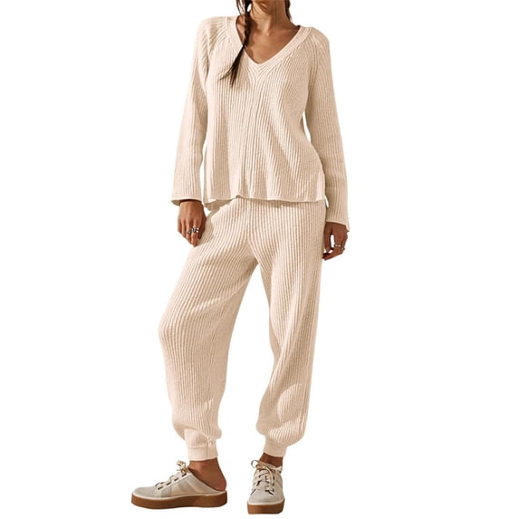 LANGWYQU Women 2 Pieces Knit Set Long Sleeved V-Neck Sweater & Casual Jogger Pants
