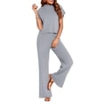 thumbnail image 1 of LANGWYQU Women 2 Pieces Knit Sets Short Sleeve Mock Neck Tops & Wide Leg Pants Suit, 1 of 5
