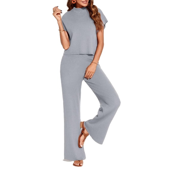 LANGWYQU Women 2 Pieces Knit Sets Short Sleeve Mock Neck Tops & Wide Leg Pants Suit