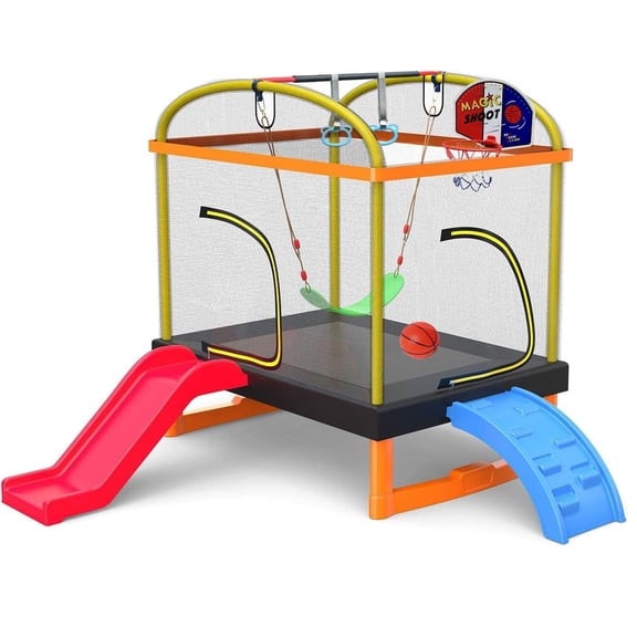 LANGXUN 6.5Ft 7-in-1 Rectangle Trampoline for Kids, with Climb, Slide, Swing, Basketball Hoop, Multi-Functional Indoor Outdoor Baby Toddler Mini Trampoline for Girls and Boys Birthday Gift, Age 1-10
