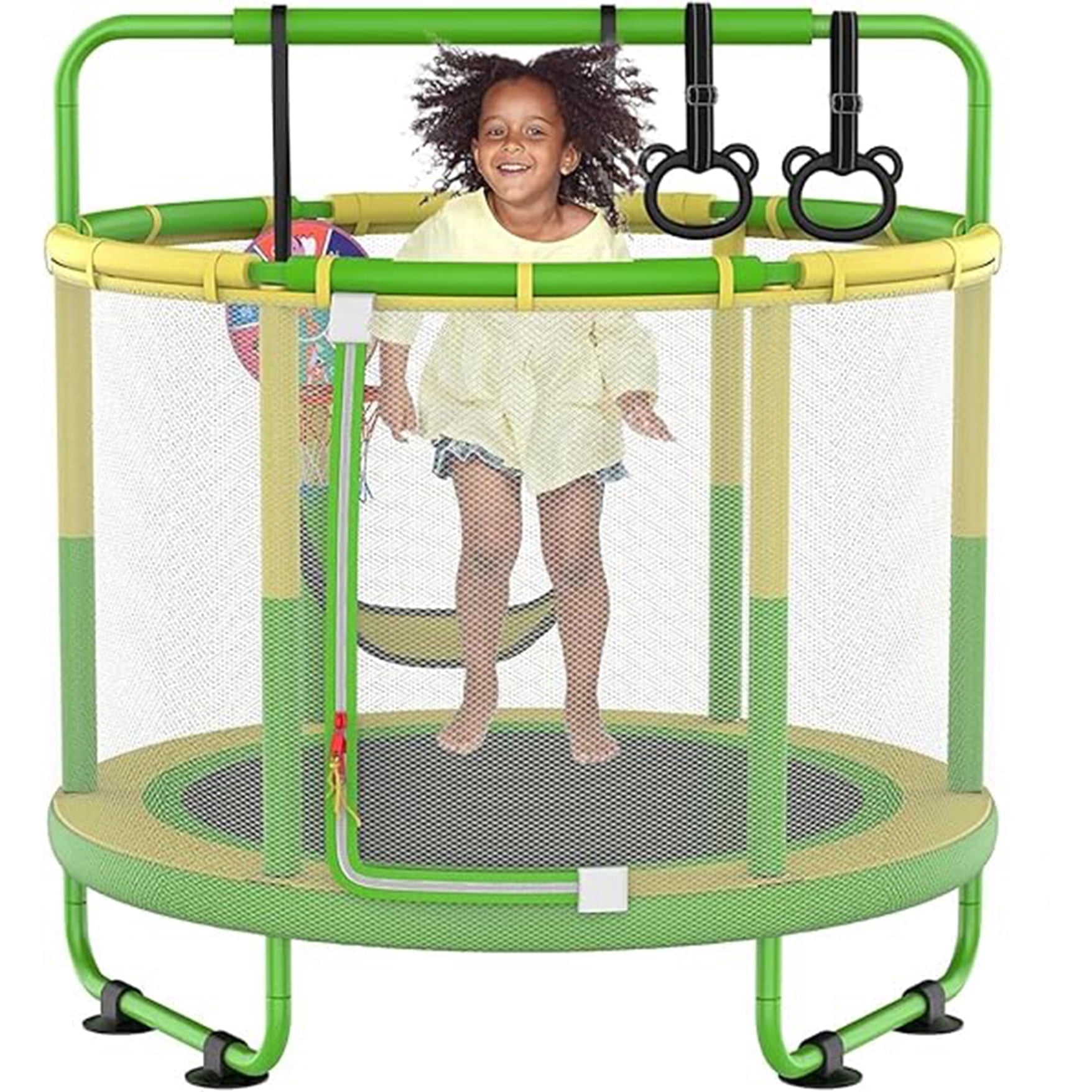 LANGXUN 6-in-1 Mini Trampoline 60" 5ft, Toddler Indoor Outdoor Trampoline with Swing, Basketball Hoop, Dart Board & Rings, Perfect Gift for Boys Girls