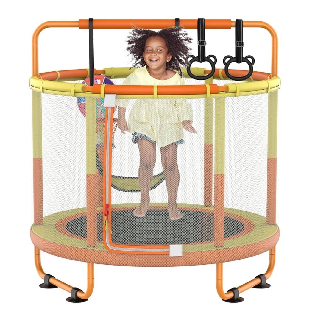 LANGXUN 5ft 60 inch 6-in-1 Kids Trampoline, Toddler Mini Bouncer with Swing, Basketball Hoop, Dart Board and Ring Game, Indoor Outdoor Play Set for Boys Girls