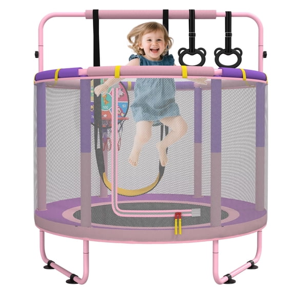 LANGXUN 60 Inch 5ft Kids Trampoline, 6-in-1 Toddler Mini Bouncer with Swing, Basketball Hoop, Dart Board & Rings, Indoor Outdoor Play Set for Boys & Girls