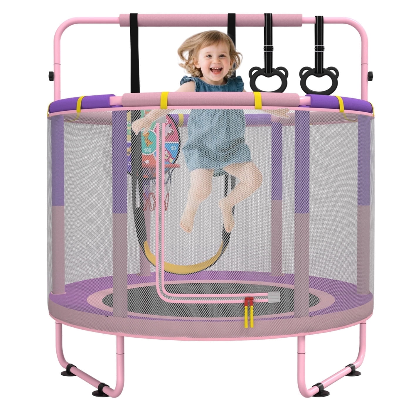 LANGXUN 60 Inch 5ft Kids Trampoline, 6-in-1 Toddler Mini Bouncer with Swing, Basketball Hoop, Dart Board & Rings, Indoor Outdoor Play Set for Boys & Girls