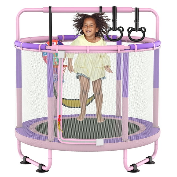 LANGXUN 60" Trampoline for Kids, 5ft Toddler Mini 6-in-1 Trampoline Indoor Outdoor with Swing, Basketball Hoop, Dart Board, Gymnastics Bar, Rings, Christmas Toys Birthday Gifts for Girls Boys Age 1-8