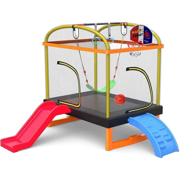LANGXUN Rectangle Trampoline 7-in-1, Mini Toddler Trampoline with Swing, Rings, Bar & Safety Net, Indoor Outdoor Play Toys for Children