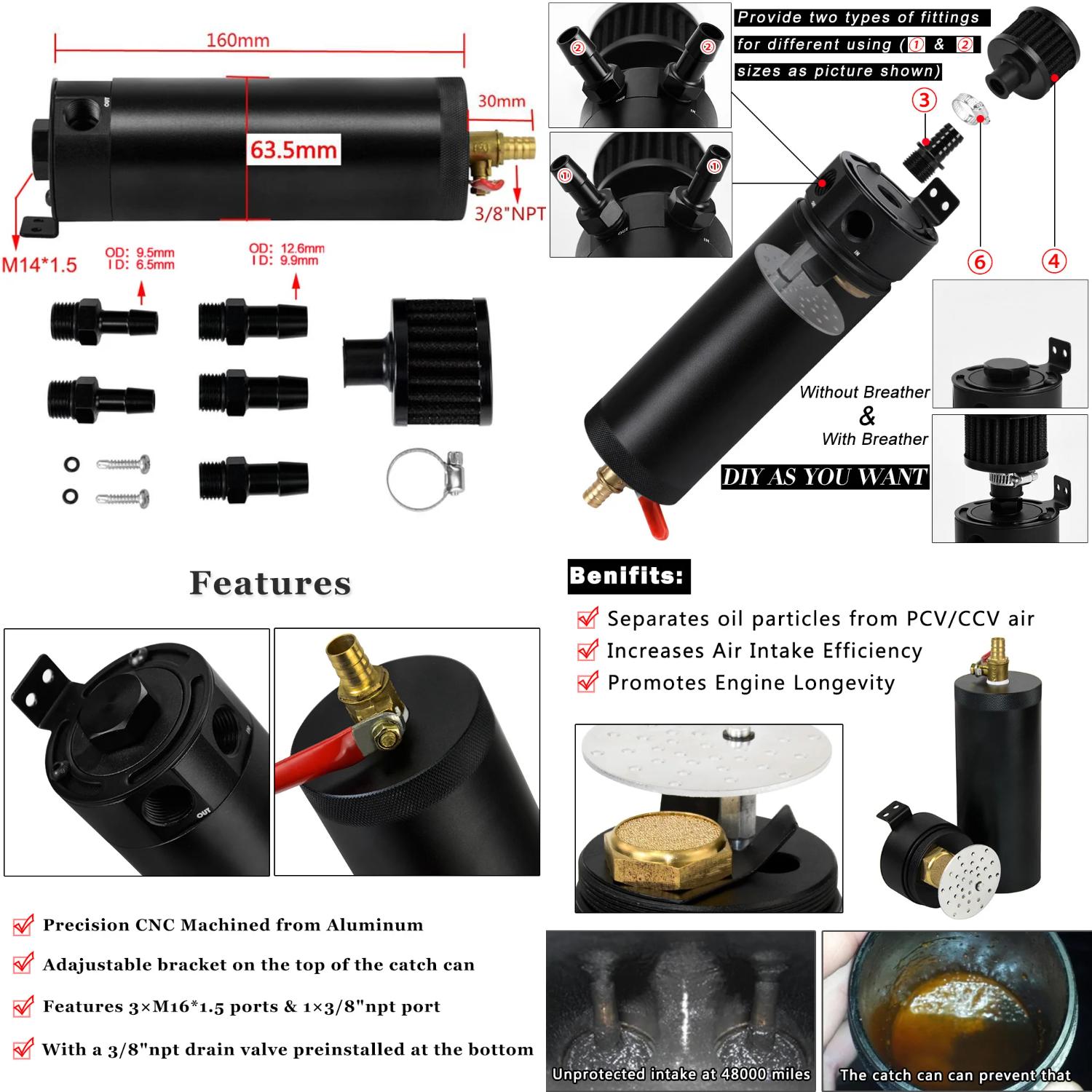 LANHSM High Performance Billet Aluminum Baffled Oil Catch Can Tank for ...