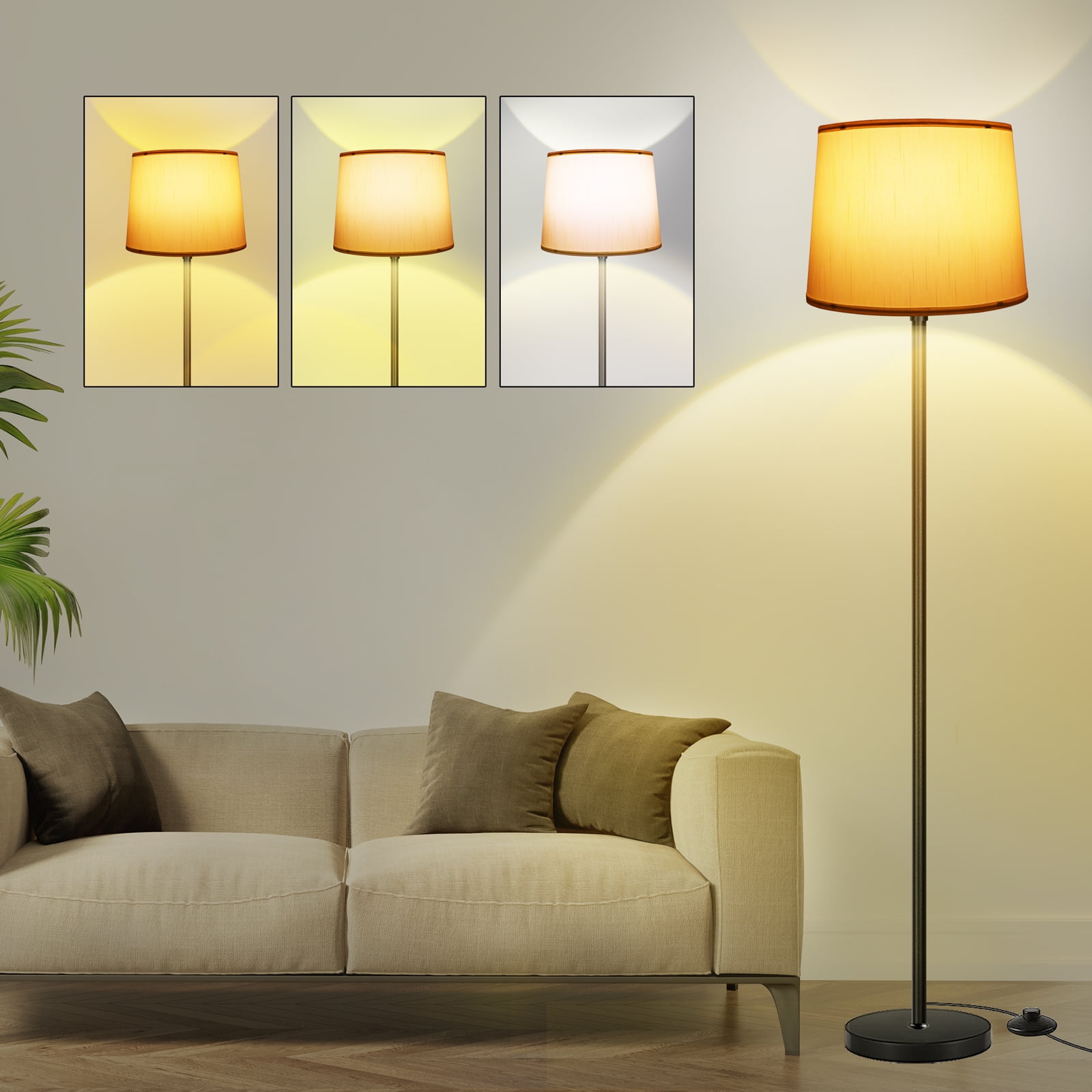 LANICHO Floor Lamps for Living Room with 3 Color Temperatures, Modern Standing Lamp with Adjustable Linen Shade, Foot Switch, Tall Floor Reading Lamp for Bedroom Office, 9W Bulb Included