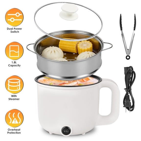 LANKANG 1.8L Portable Electric Hot Pot Dual Power Ceramic Cooker with Steamer Rack Dry Boil Protection for Dorm Office Travel