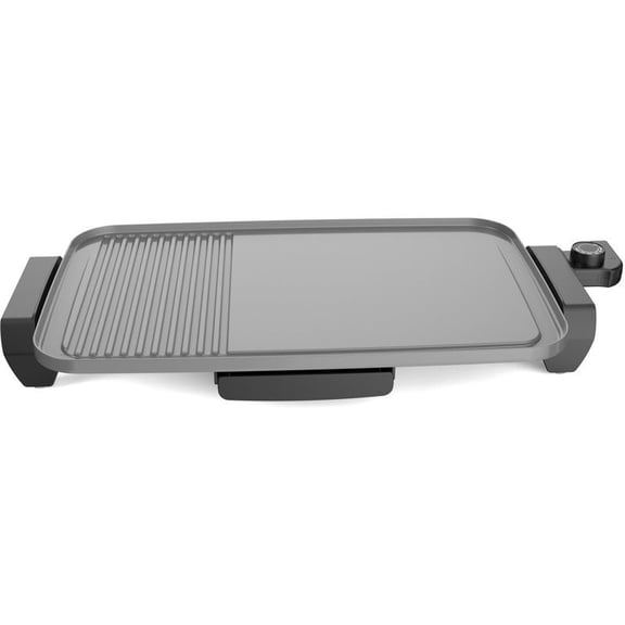 LANKANG 12x20 Inch Dual Zone Electric Ceramic Griddle 1500W Nonstick Surface Adjustable Temp Cool Touch Handles Slide Out Drip Tray Gray Indoor Cooking Griddle