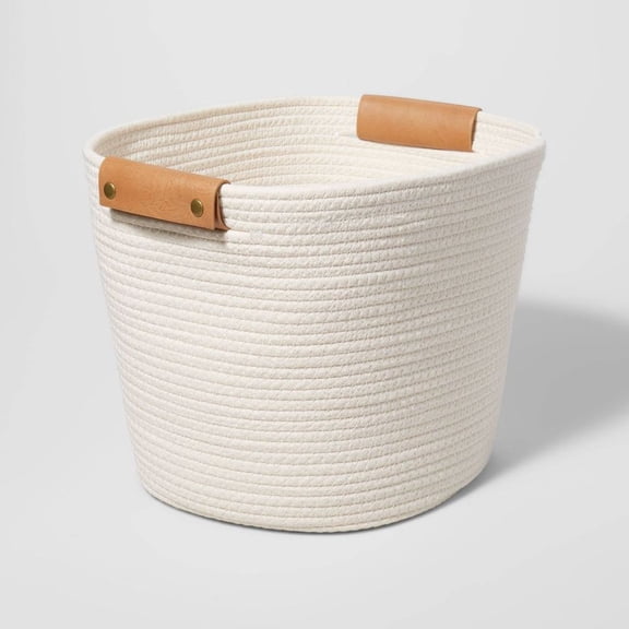 LANKANG 13 Inch Cream Coiled Rope Decorative Storage Basket With Carrying Handles