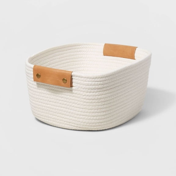 LANKANG 13 Inch Square Base Cream Tapered Coiled Rope Storage Basket Tan Leather Handles Decorative Multi Room Organizer Bin