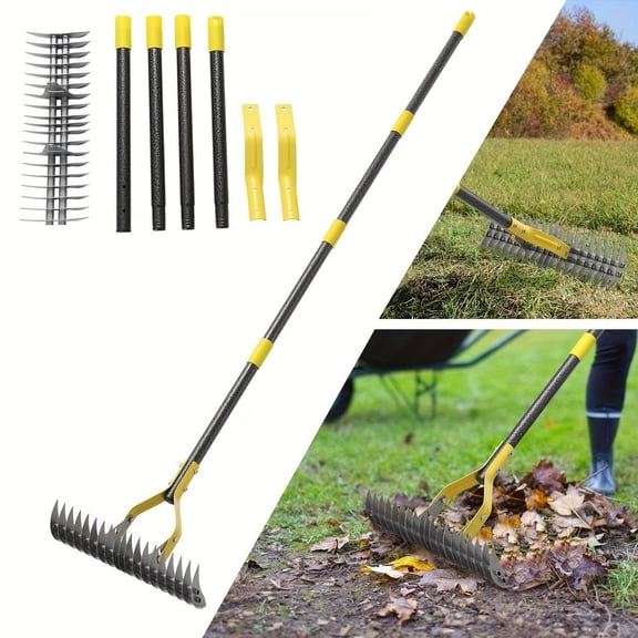 LANKANG 15 Inch Dual Blade Lawn Dethatching Rake Manual Weed Puller and Grass Removal Tool with Sharp Steel Tines for Lawn Care, Soil Loosening and Garden Maintenance