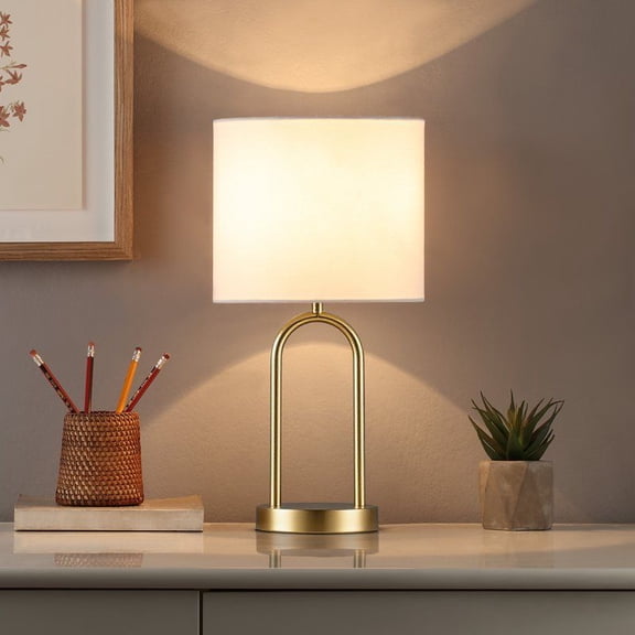 LANKANG 16.75 Inch Gold Metal Arch Table Lamp with Soft White Fabric Shade Modern Decor Light for Bedside Desk Office End Table