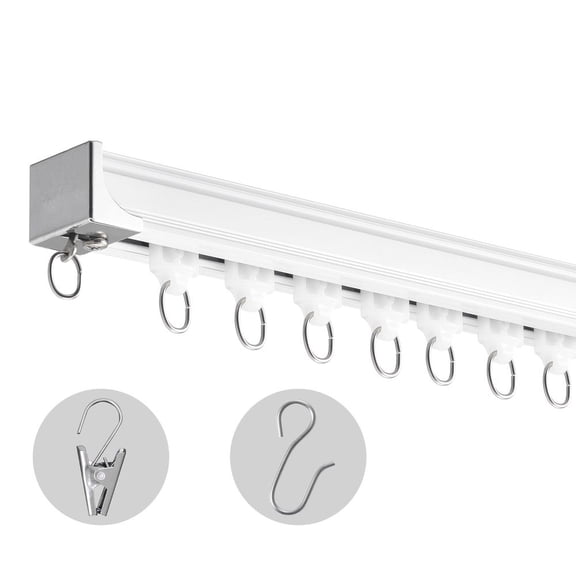 LANKANG 17.7 FT White Aluminum Ceiling Curtain Track Set Ceiling & Wall Mount Sliding Room Divider Rail with Hooks Full Mount Hardware