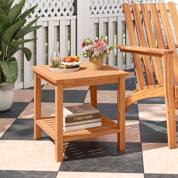 LANKANG 18 Inch Square Natural Acacia Wood Patio Side Table Slatted Tabletop 2-Tier Open Storage Shelf Max 165 Lbs Per Tier Indoor Outdoor End Table for Garden Pool Balcony Living Room