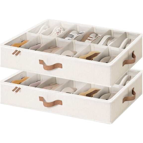 LANKANG 2 Pack Beige Ultra-Thick Fabric Under Bed Shoe Storage Organizers with Bottom Support & Adjustable Dividers Hold Up to 24 Pairs Closet Shoe Container