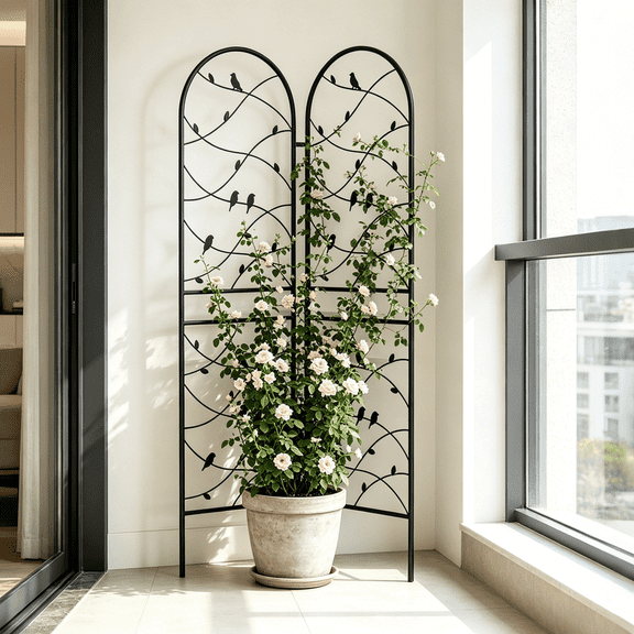 LANKANG 2 Pack Black Bird Decor Metal Garden Trellis 71x19.7 Inch Powder Coated Galvanized Rustproof Outdoor Climbing Vine Flower Vegetable Support Screen