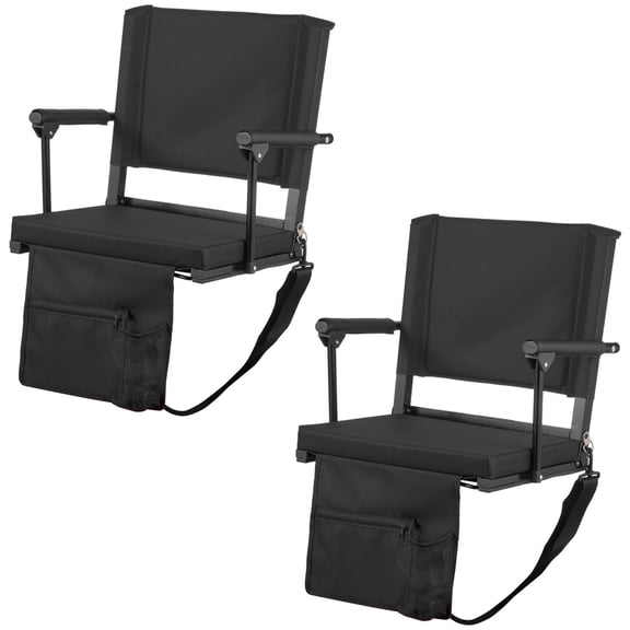 LANKANG 2 Pack Portable Stadium Bleacher Seats with Armrest Back Support Thick Cushion Cup Holder Shoulder Strap Anti Slip Hook Foldable Sports Bench Chair Black
