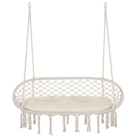 LANKANG 2 Seater Boho Macrame Hanging Swing Chair Hand Woven Cotton Rope With Cushion Reinforced Metal Frame Indoor Outdoor Patio Garden Balcony Hammock Seat