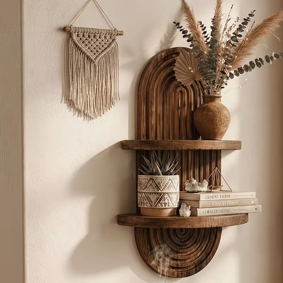 LANKANG 2 Tier Rustic Wooden Wall Mounted Floating Plant Shelf Farmhouse Flower Pot Display Rack Storage Organizer for Kitchen Living Room Bedroom Entryway Window Decor