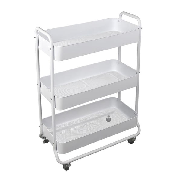 LANKANG 3-Tier Arctic White Wide Metal Rolling Utility Cart Lockable Wheels Multi-Purpose Storage Trolley For Laundry Kitchen Bathroom Office