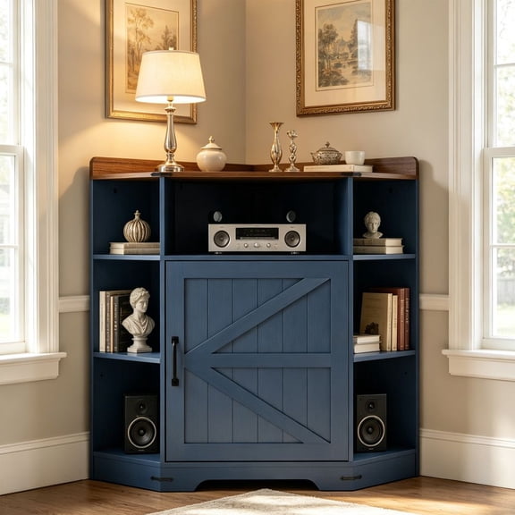 LANKANG 3 Tier Blue Brown Corner Storage Cabinet Built-in USB Type-C AC Power Outlets 6 Cubby Wooden Bookshelf with Doors Industrial Space-Saving Organizer for Living Room Study Playroom
