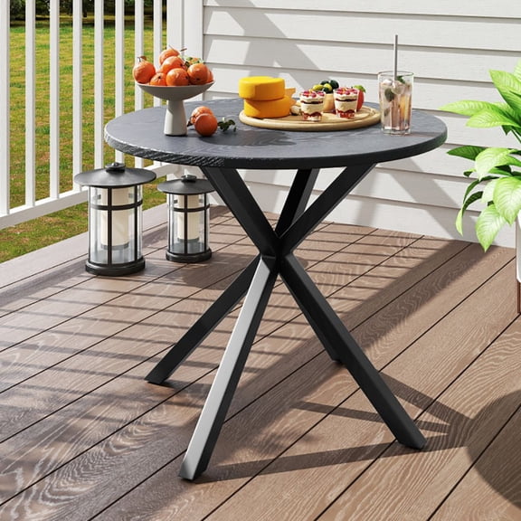 LANKANG 33.5 Inch Round Patio Bistro Table Gray Wood-Look Tabletop X-Shaped Metal Legs Adjustable Foot Pads Max 110 Lbs Outdoor Dining Table for Balcony Garden Backyard