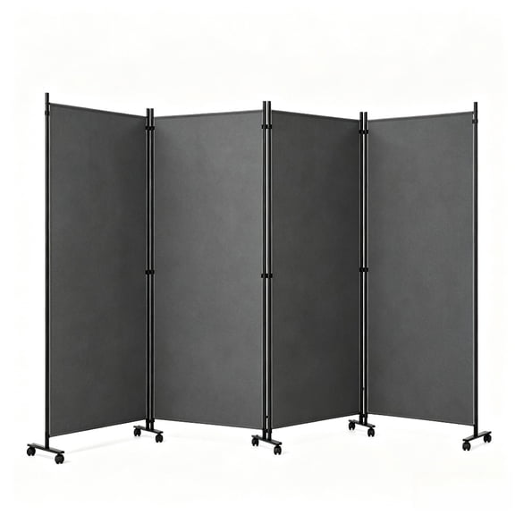 LANKANG 4 Panel Folding Rolling Room Divider, Lockable Wheels, Non-See-Through Polyester Privacy Screen, Freestanding Metal Partition, Gray