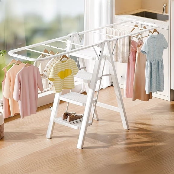 LANKANG 4 Step Foldable Multi Purpose Ladder Integrated Clothes Drying Rack Space Saving Household Dual Function Step Stool