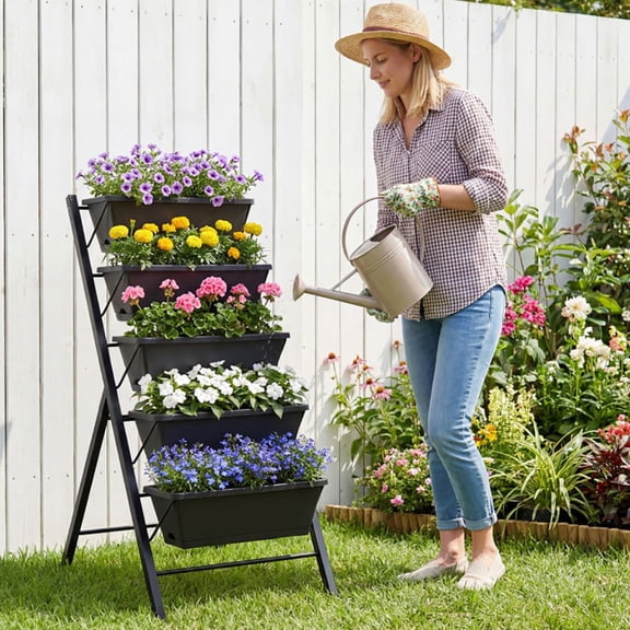 LANKANG 5-Tier Staggered Vertical Raised Garden Bed Removable PP Planter Boxes Drainage Holes Detachable Drip Trays Triangle Metal Stand Back Friendly Elevated Growing Station for Patio Balcony Corne