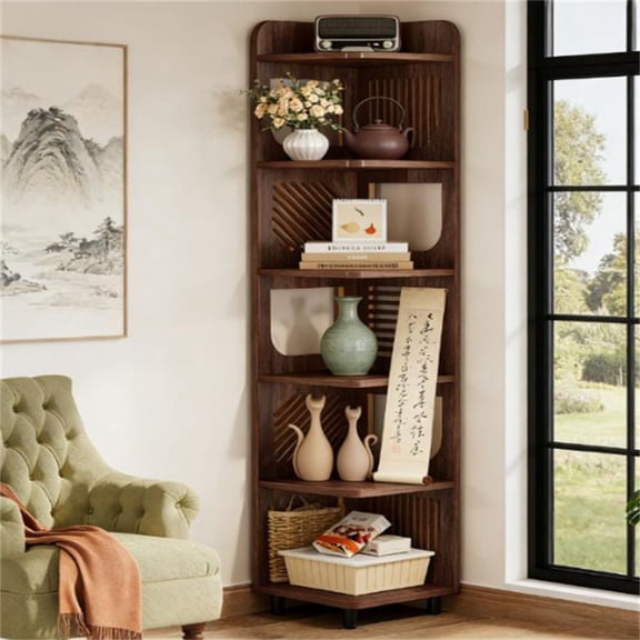 LANKANG 5-Tier Vintage Corner Storage Rack Brown Wood Grain MDF Display Bookshelf With Anti-Tip Device For Living Room Bedroom Study