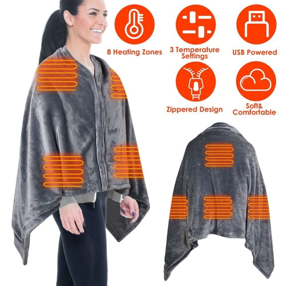 LANKANG 59 x 31 Inch USB Electric Heated Poncho Shawl Wrap Zipper Design 8 Heating Zones 3 Temperature Settings Soft Flannel Warm Throw For Home Office