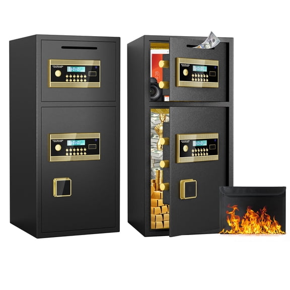 LANKANG 6.5 Cubic Feet Black Double Door Coin Operated Digital Security Safe All Steel Safe Box with Hidden Code Dual Alarm Fireproof Waterproof Bag for Home Office Hotel
