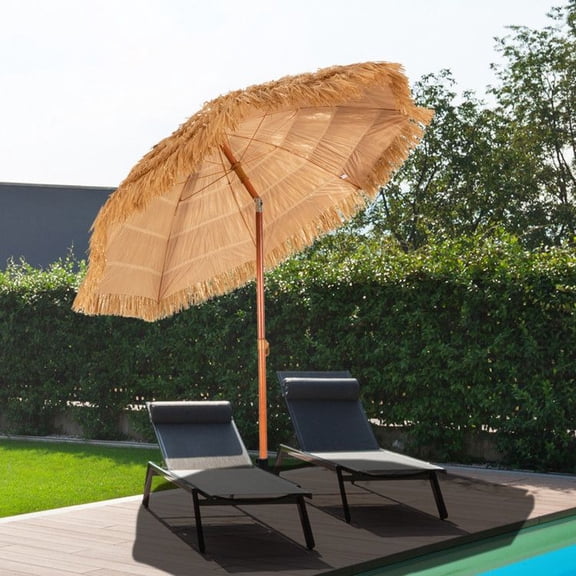LANKANG 6.5 FT Portable Thatched Tiki Beach Umbrella 8 Iron Ribs 2-Way Adjustable Tilt Sun Shade for Patio Garden Beach